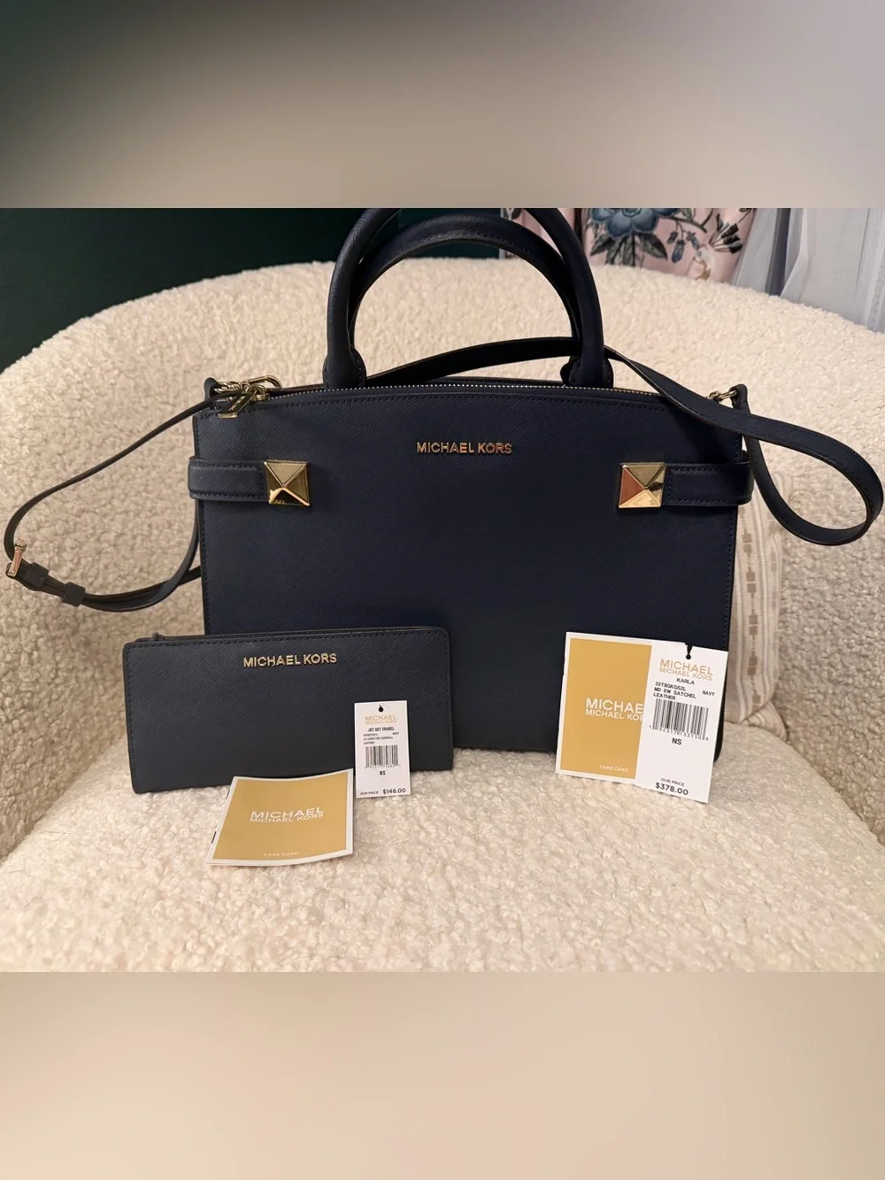 Michael Kors Navy Saffiano Leather Karla Satchel & Jet Set Travel Wallet Set ✨